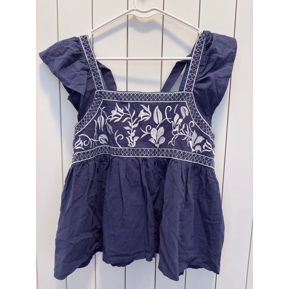 Embroidered Top Womens XS Navy Blue Flutter Sleeve Cottagecore